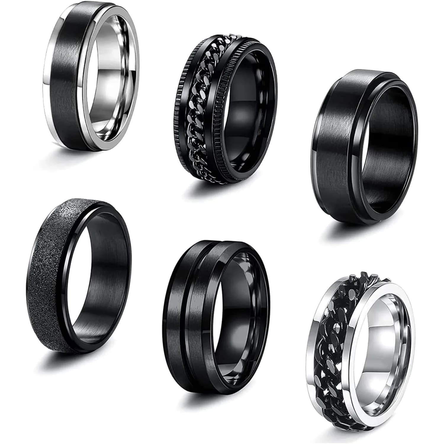Bobisty 6 pièces anneaux Spinner noirs pour hommes femmes en acier inoxydable Fidget anxiété anti-St