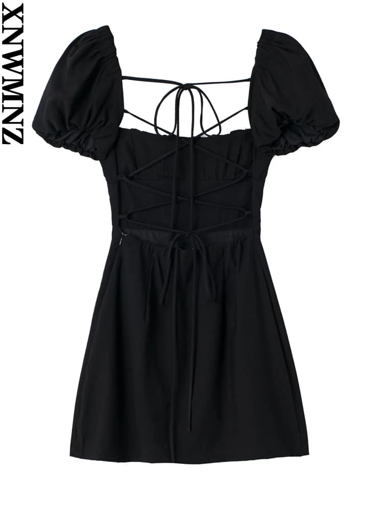 XNWMNZ 2022 femmes mode lin mélangé robe vacances style col carré manches bouffantes dos bretelles c