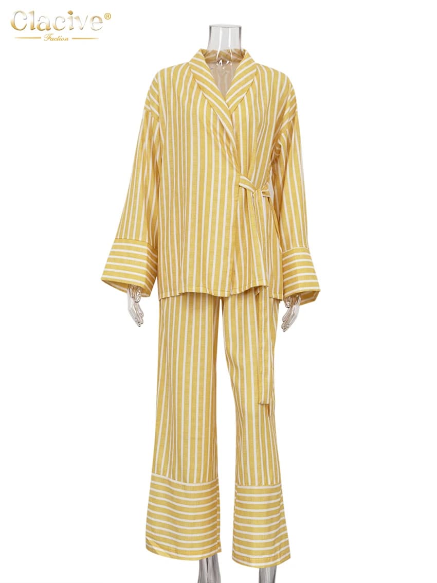 ClacMarkets-Costumes de maison à rayures jaunes décontractés pour femmes, ensemble 2 pièces, chemise