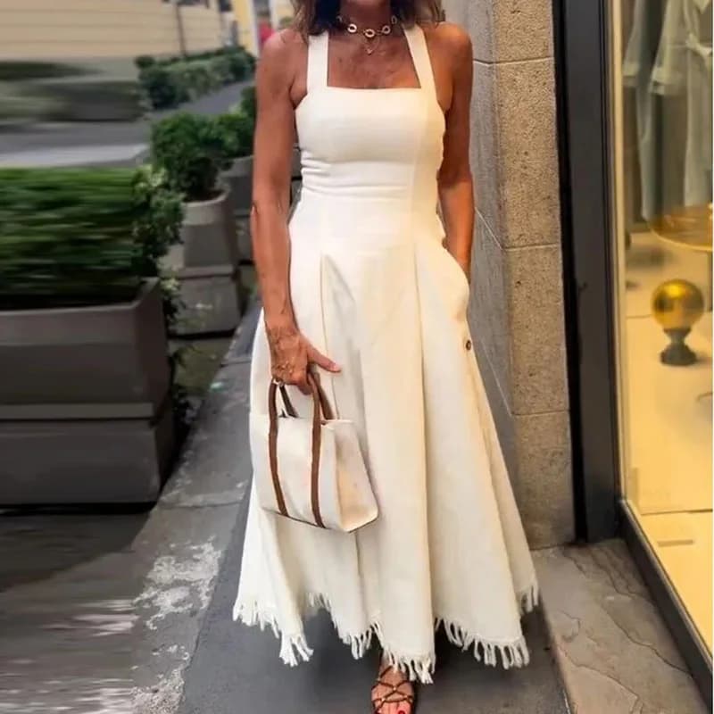 Robe longue d'été à Camisole blanche, décontractée, épaules dénudées, poches, coupe cintrée, élégant