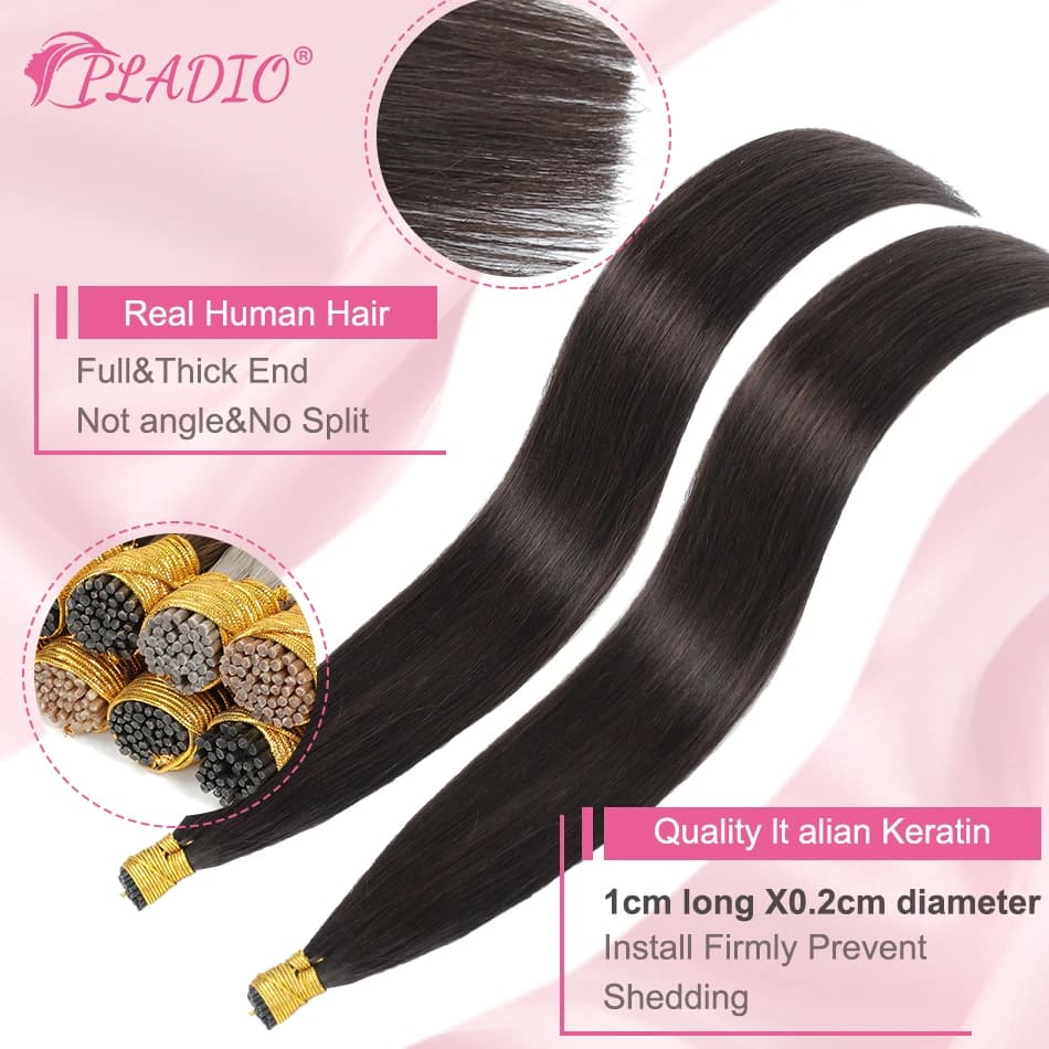 PLADIO Extensions de cheveux droites I Tip Extensions de cheveux naturels humains Capsule de kératin