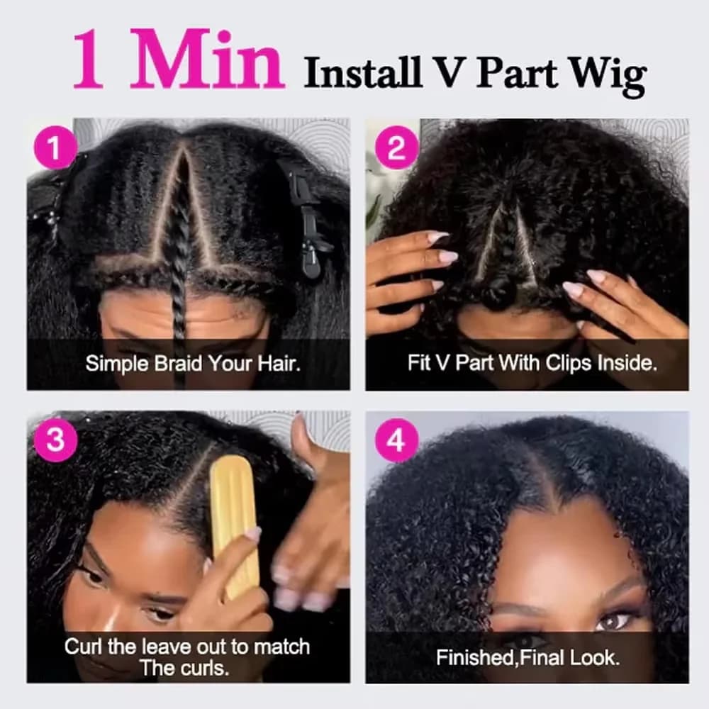 Perruque V-Part Kinky Straight en Cheveux Humains pour Femmes avec Cordon de Serrage, Densité 250 Am