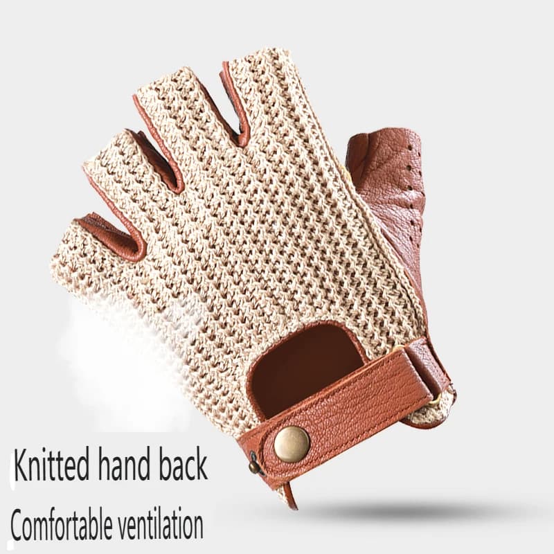 Gants de moto rétro en cuir sans doigts pour hommes, pour la conduite et l'équitation, tricotés et r