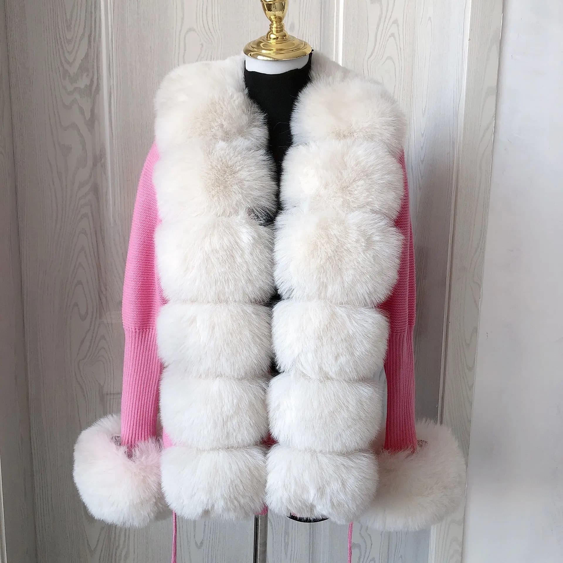 Cardigan court en tricot pour femme, collection printemps-automne, en fausse fourrure, avec col en f