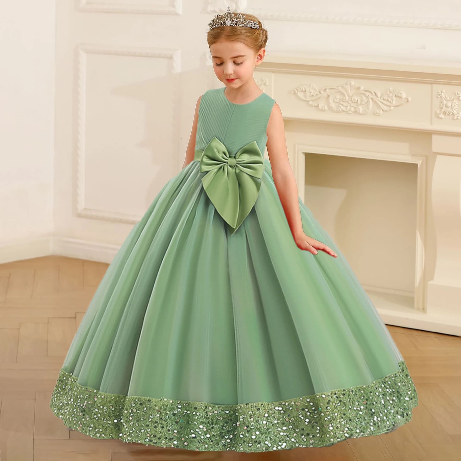 Robe princesse de demoiselle d'honneur à paillettes moelleuses pour filles, avec nœud élégant, rose,