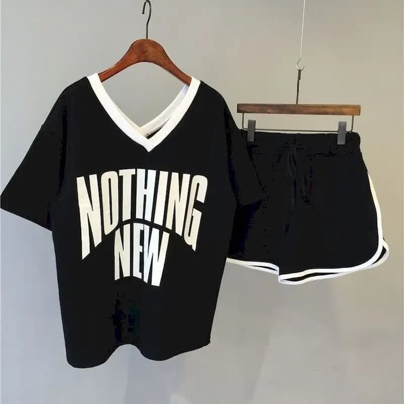 T-shirt manches courtes col en v pour femme, ensemble deux pièces, décontracté, ample, mode, été