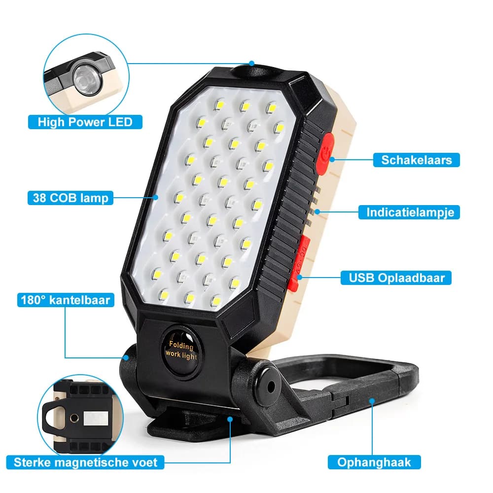 Projecteur de travail multifonction, lampe de poche éblouissante, batterie intégrée, affichage de la