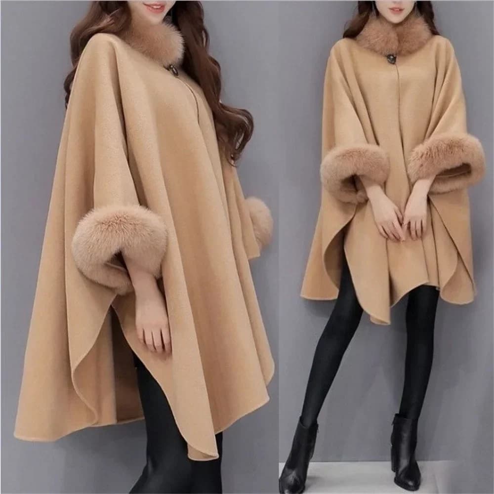 S-5XL hiver chaud mode cape corne boucle laine Poncho Capes femmes fausse fourrure de lapin manches 