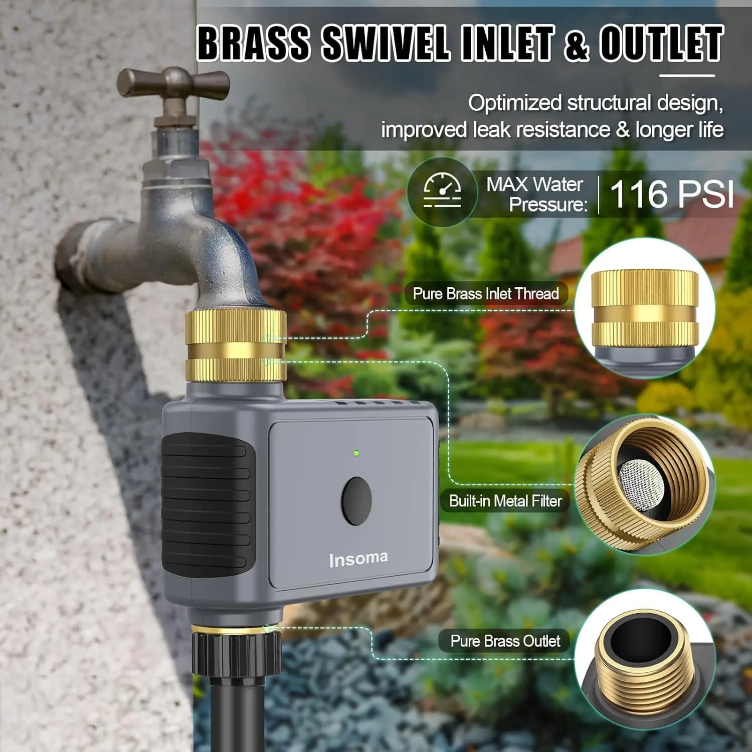 Insoma – minuterie d'arrosage automatique Wifi, avec minuterie d'eau de jardin pivotante en laiton, 