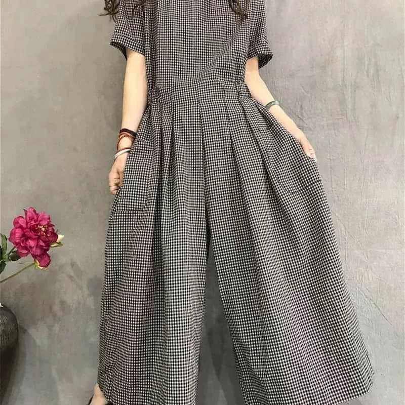 Combinaisons femmes coton lin manches courtes combishorts une pièce tenue femmes à lacets taille hau