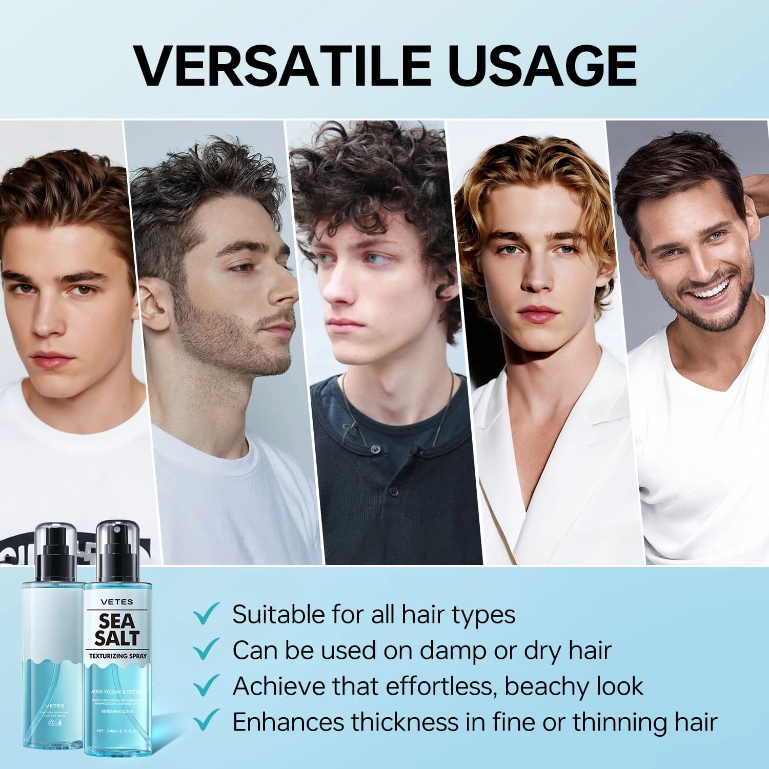 VETES Spray Cheveux Secs 240ml – Spray Texturisant Instantané Effet Volume et Épaisseur au Sel Marin