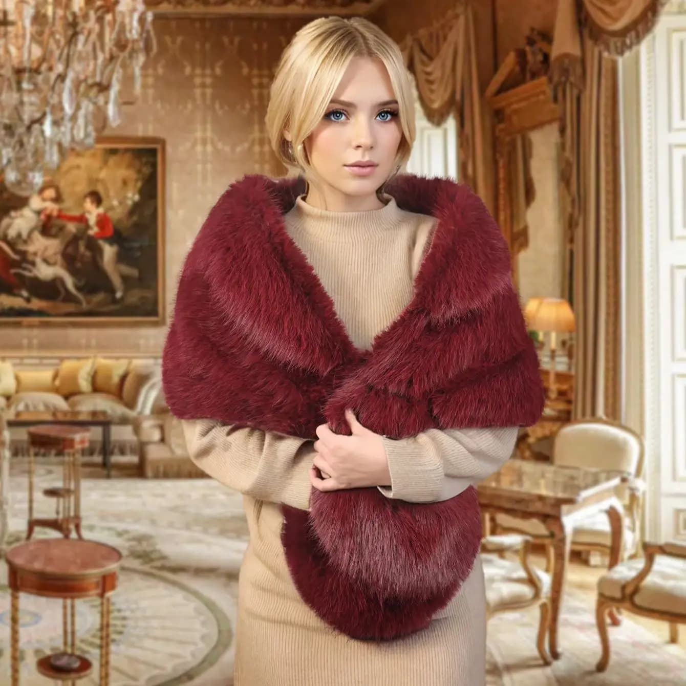 Châle en polyester et fourrure de renard fait à la main pour femmes, vêtements chauds, fête de maria