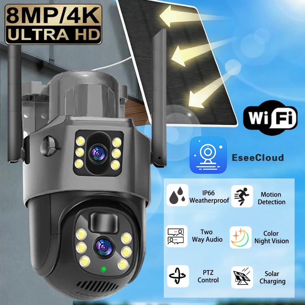 Caméra de surveillance solaire 4G/WiFi à double objectif, caméras de sécurité extérieures à batterie