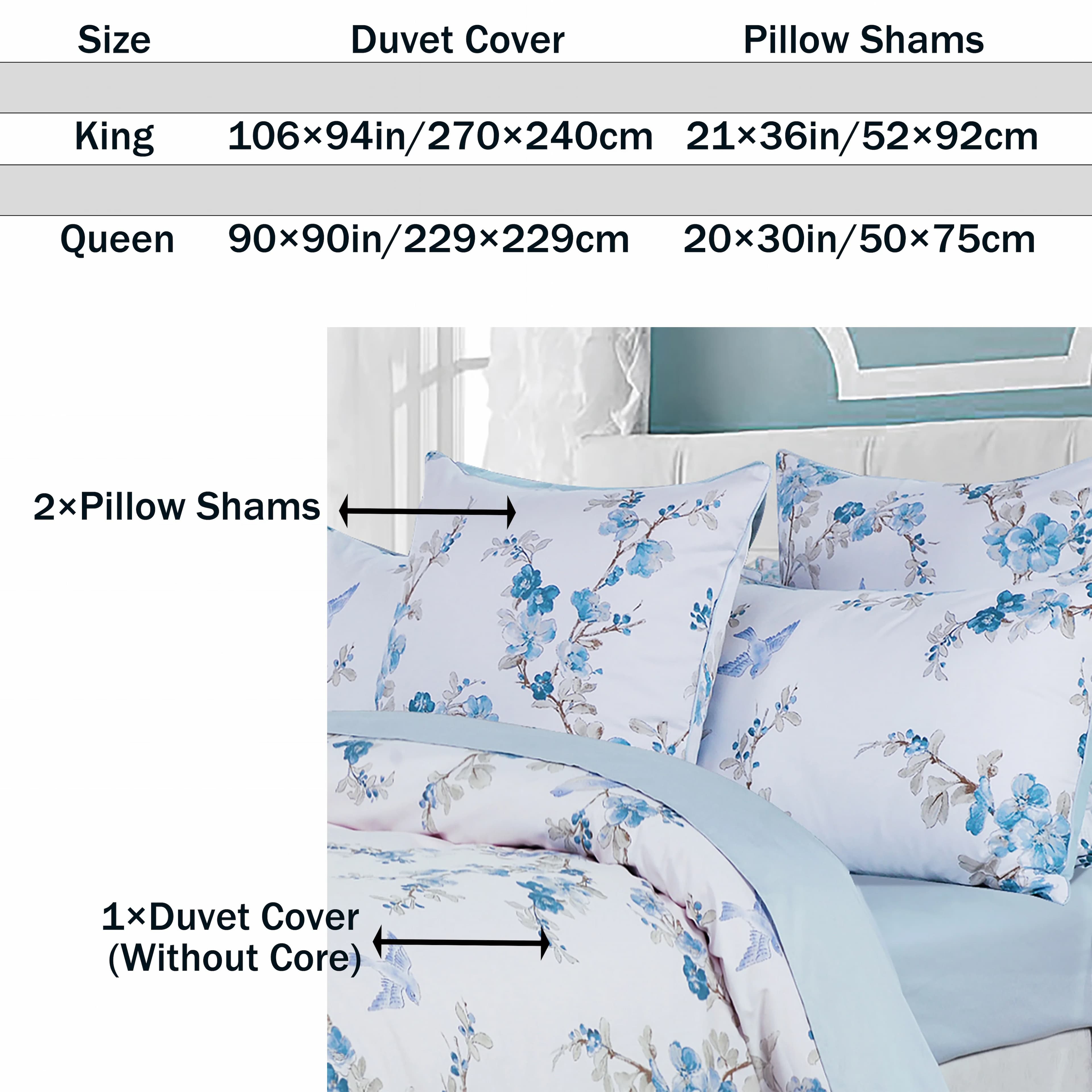 Ensemble de housse de couette 100% coton égyptien 600TC, 3 pièces, motif Floral aquarelle bleu, doux