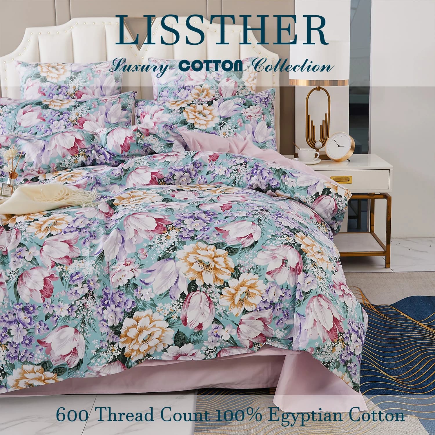 Ensemble de housse de couette 100% coton égyptien 600TC, 3 pièces, motif Floral de jardin rose paste