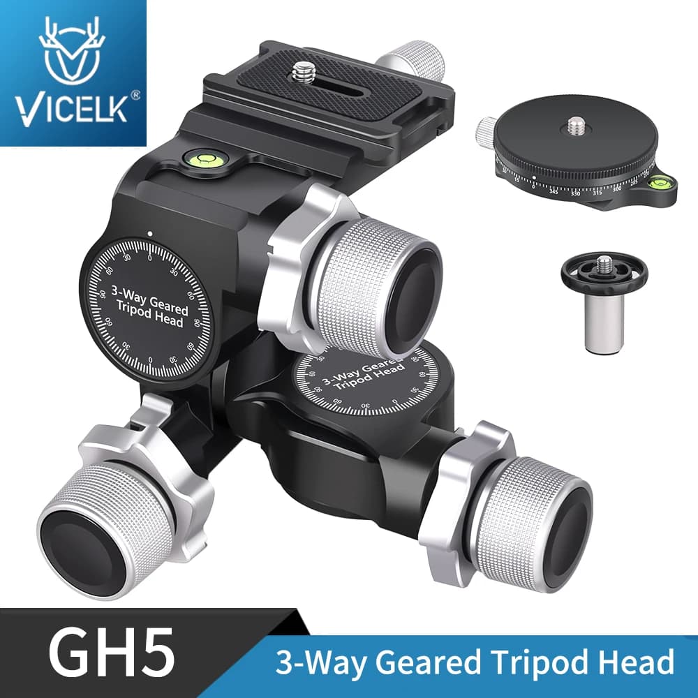 VICELK GH5 Tête de trépied à engrenages 3 voies avec plaque QR de type Arca, micro réglage du millim
