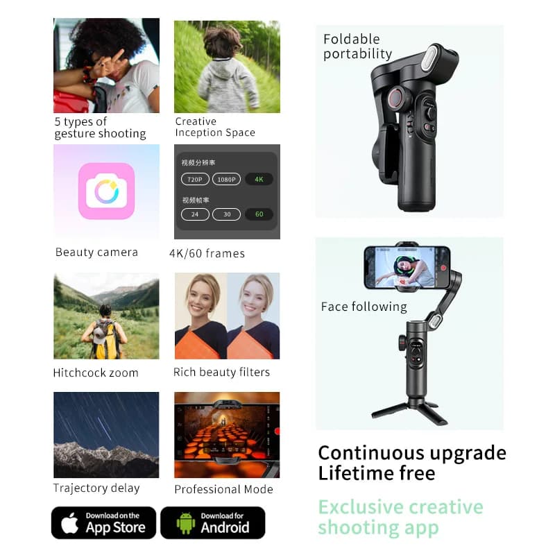 AOCHUAN – stabilisateur de cardan portatif à 3 axes, support de téléphone pliable avec lumière de re