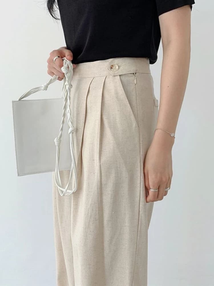 QOERLIN pantalons en lin femmes 2025 nouveau taille haute jambe large bureau dames pantalon avec poc