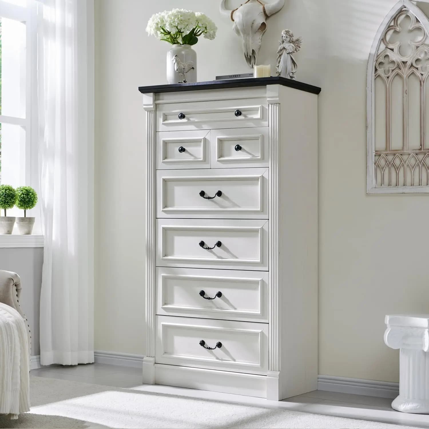 Commode Farmhouse à 7 tiroirs, grande commode à colonne romaine de 57 po, chambre à coucher, couloir