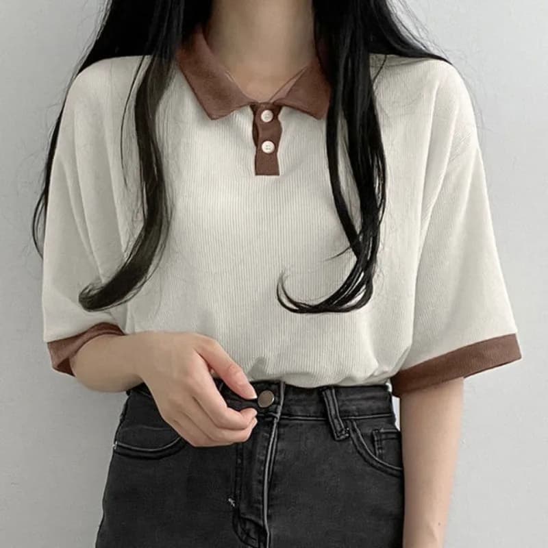 Printemps été automne décontracté Polo T-Shirt femme pull mode femmes Blouse Simple Style Preppy étu