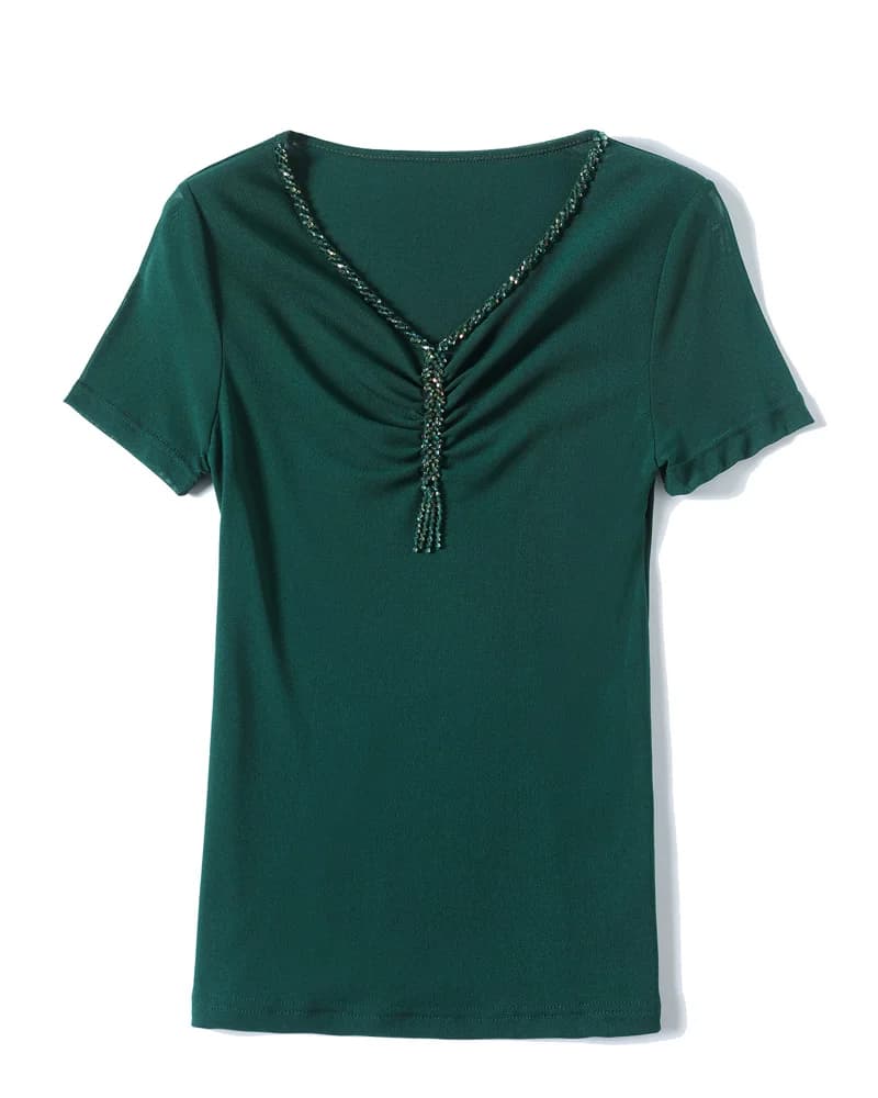 T-shirt manches courtes col en v pour femme, haut à la mode, gaine très extensible, maille