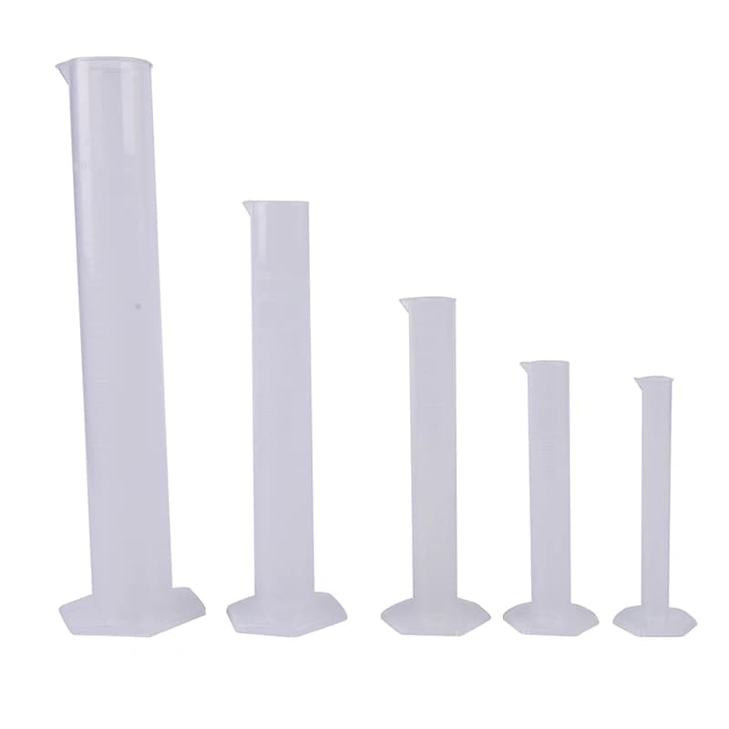 Tube gradué de test de laboratoire en plastique, intervalles de mesure, 10 ml, 25 ml, 50ml, 100 ml, 