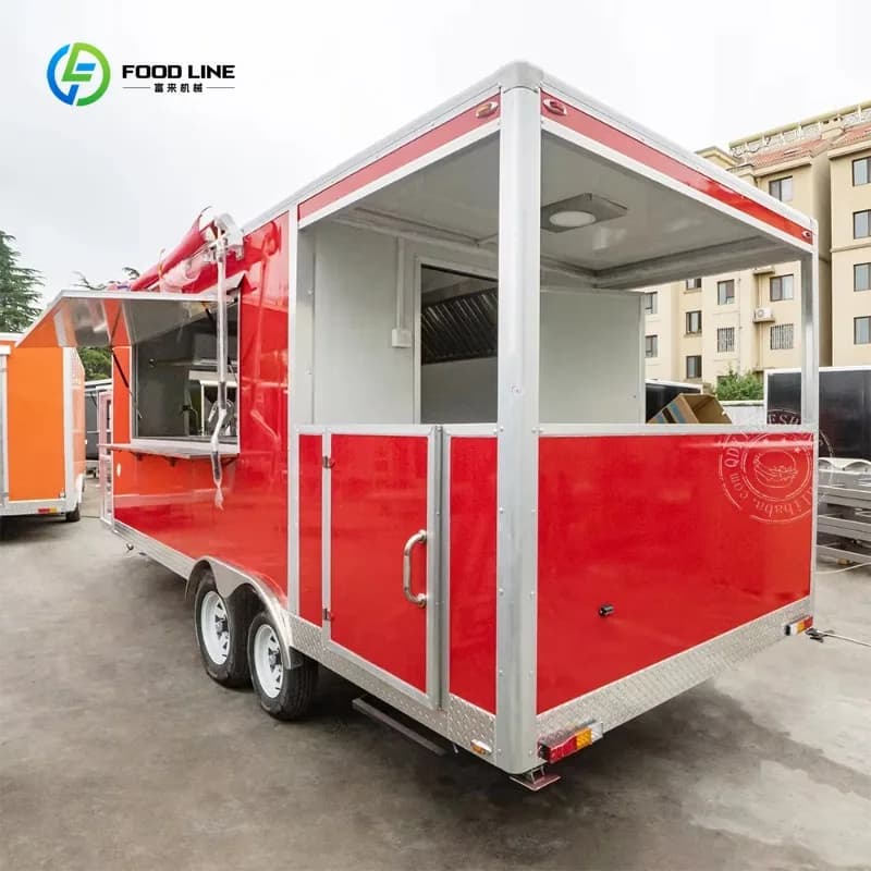 Remorque alimentaire carrée avec porche, barbecue, four à pizza, nourriture de rue