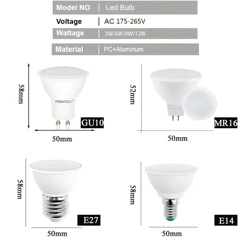 6 pièces LED Spot lumière GU10 E27 LED ampoule 12W E14 lampe à LED 220V projecteur MR16 9W Lampada G