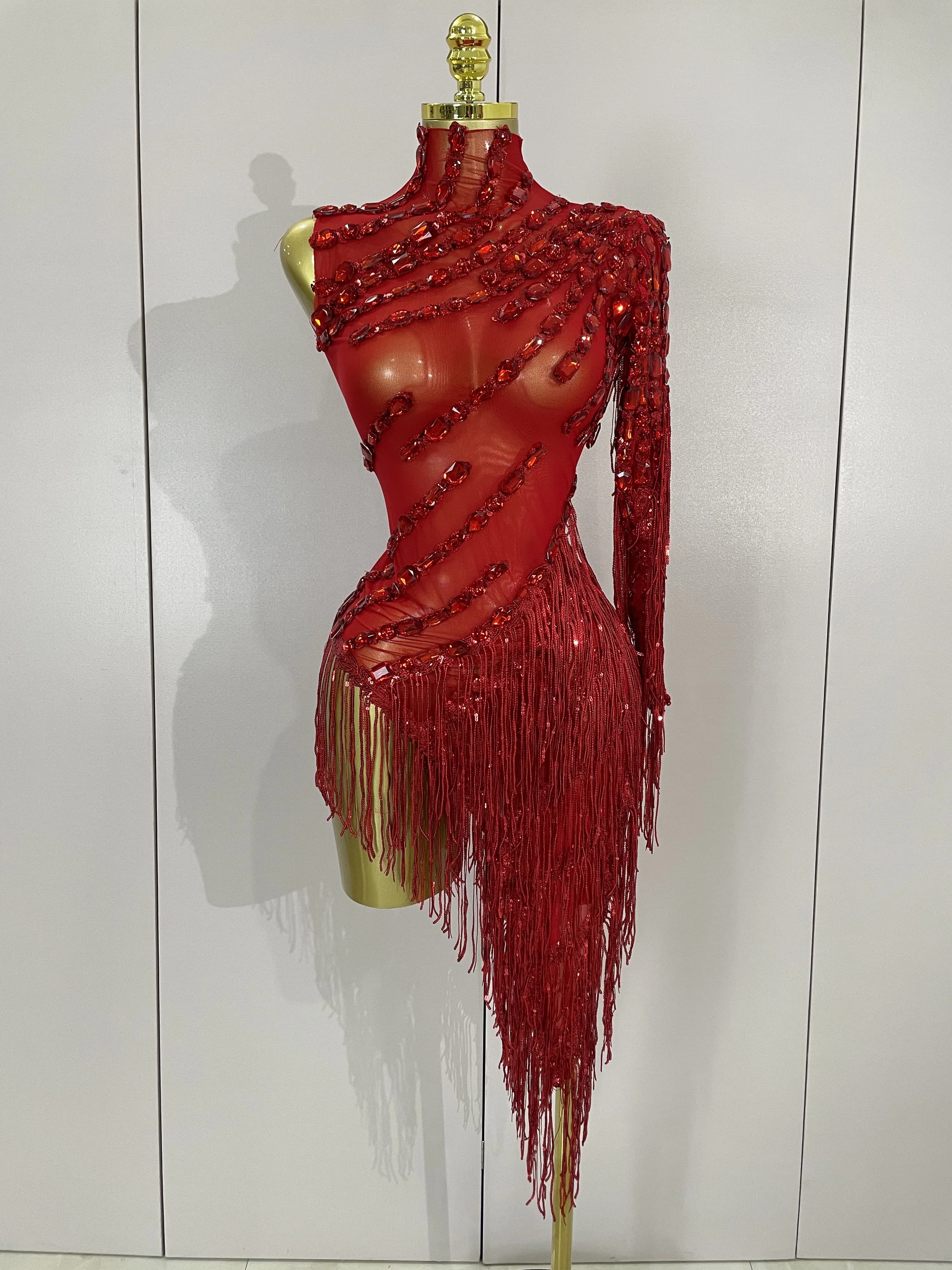 Costume de scène avec franges et strass scintillants pour femmes, robe transparente Sexy, asymétriqu
