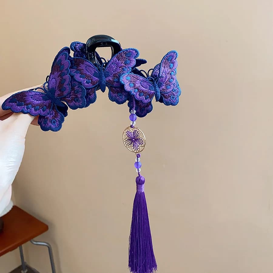 Pinces à cheveux papillon tricotées de Style chinois pour femmes, longues fleurs violettes, pompon r