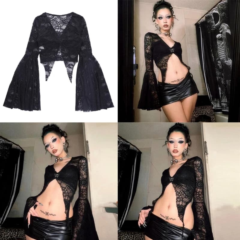T-shirt en maille noire à manches longues gothique dentelle noire haut Punk manches évasées Streetwe
