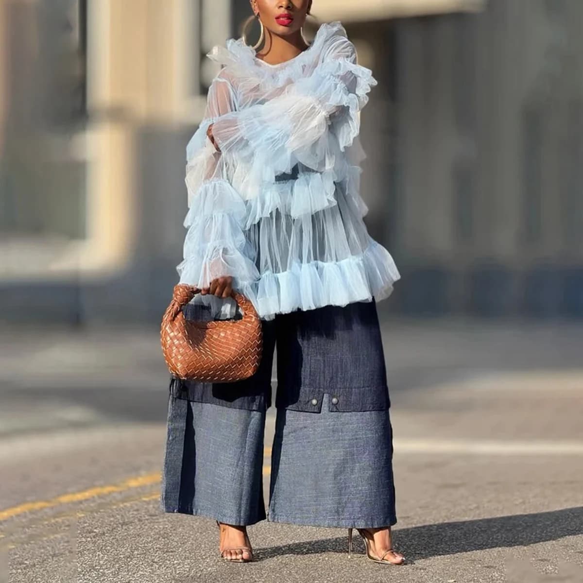 UOOZEE urbain femme Streetwear couches Denim pantalon à jambes larges ample élastique taille haute p