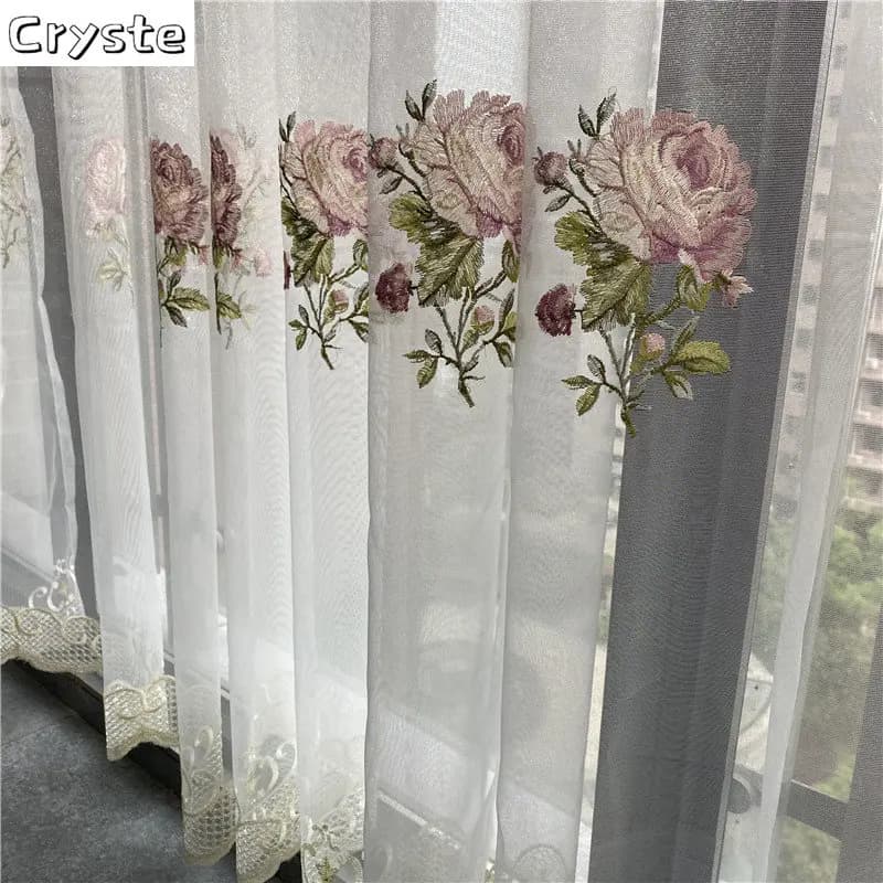 Rideau en Tulle brodé de pivoines de luxe américain, pour salon, broderie de fleurs européennes élég