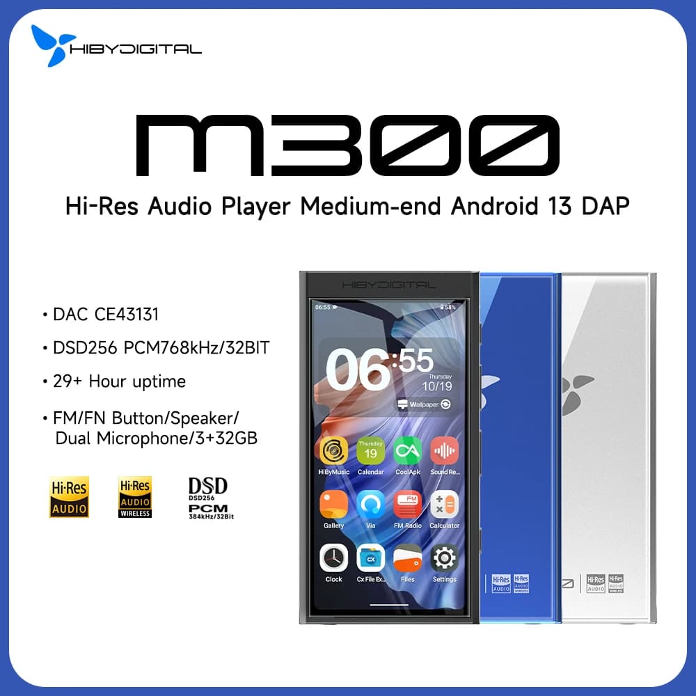 HiBy Digital M300 Lecteur de musique Android 13 MP3 Audio HiFi Bluetooth WiFi USB DAC DSD Radio FM D