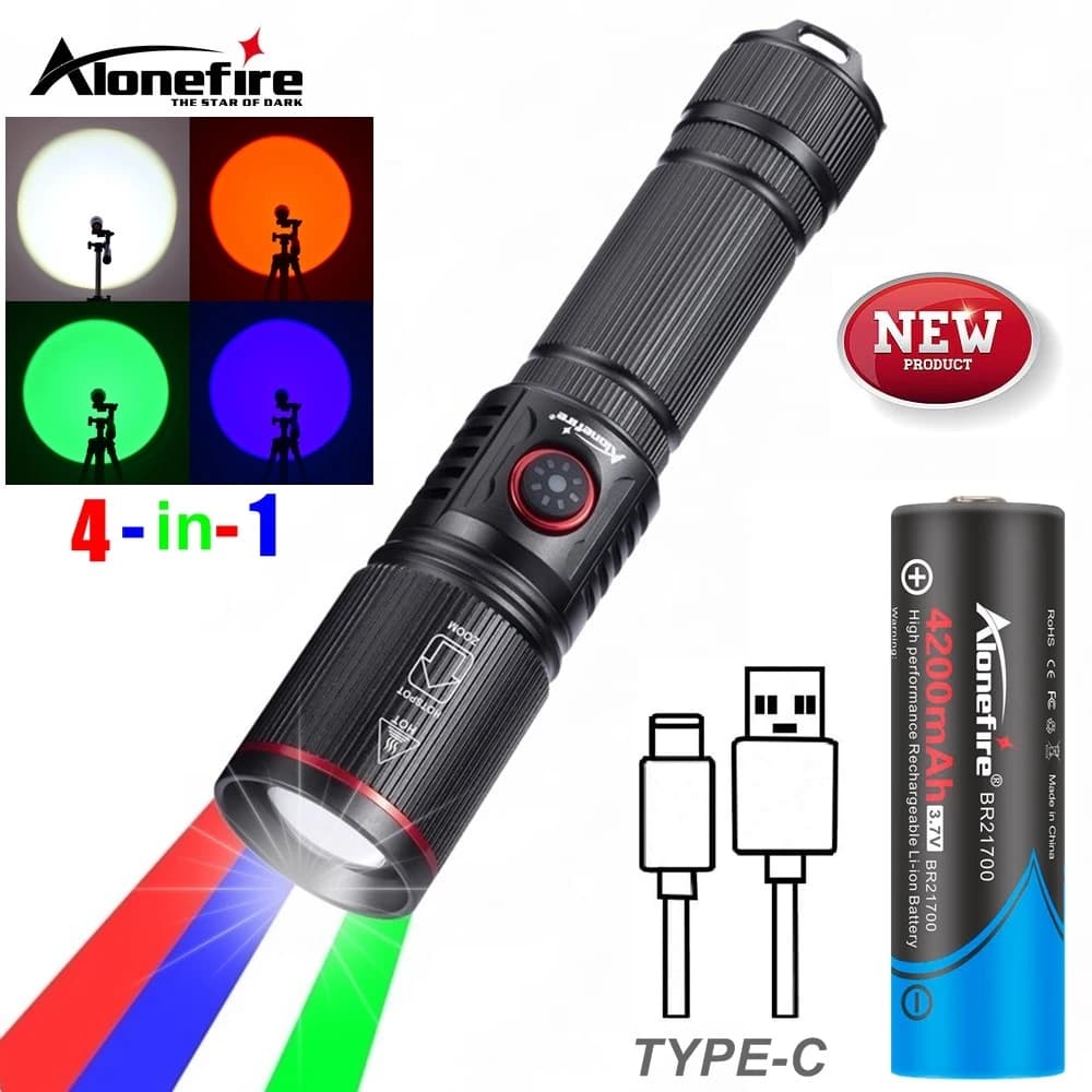 Zoomable 4 couleurs lumière blanc/rouge/vert/bleu lampe de poche LED USB charge pêche Camping chasse