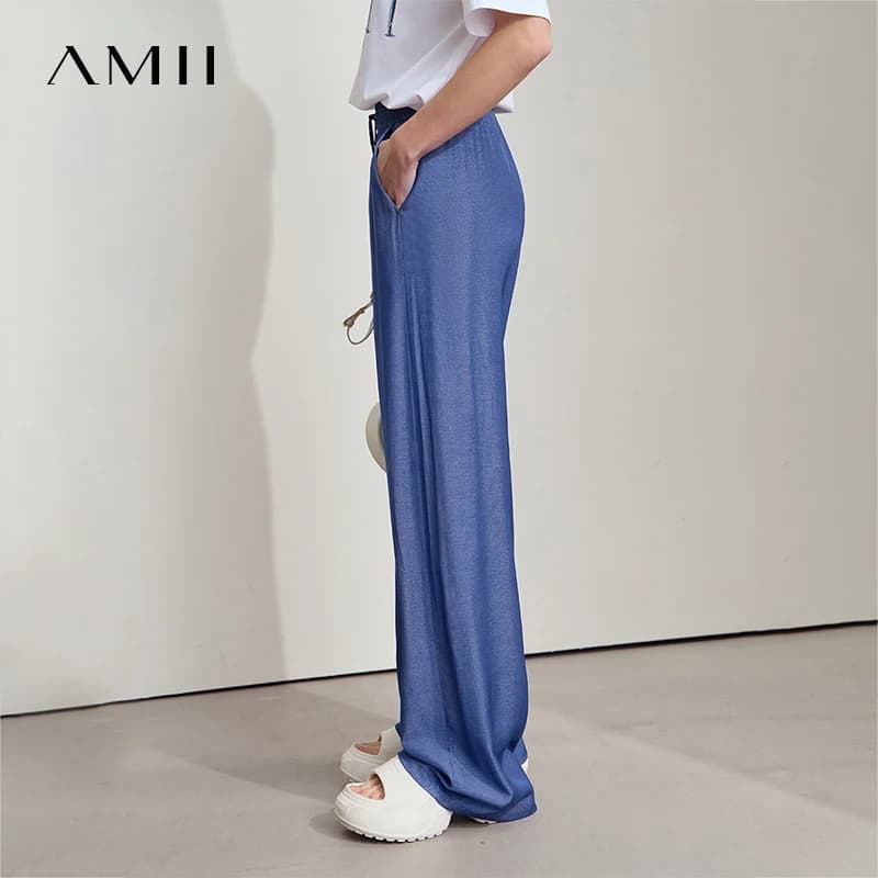 AMII décontracté pantalons d'été femmes 2025 nouveau solide cordon taille élastique ample droit Long