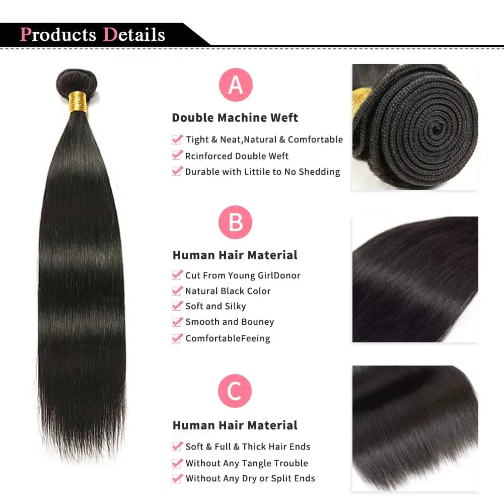 Extensions de Cheveux Humains Lisses Couleur Naturelle, Lots de 1, 3 ou 4 Cheveux Brésiliens Remy de