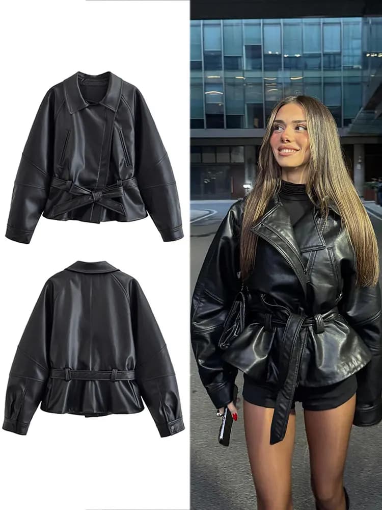 HH femmes mode noir court Faux cuir Trench manteau à manches longues revers veste avec ceinture Vint