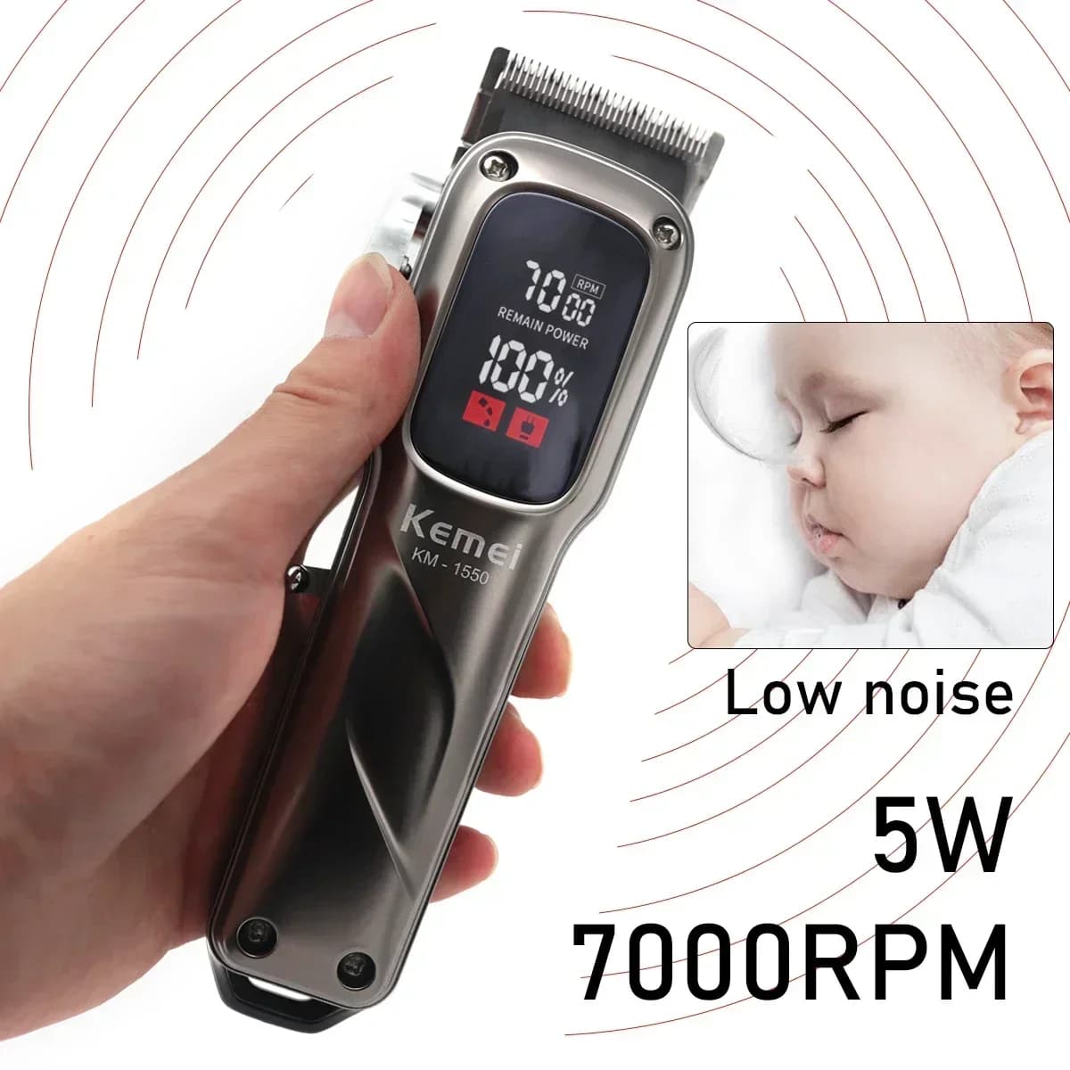 Kemei KM-1550 Professionnel Tondeuse À Cheveux pour Hommes Affichage LED À Faible Bruit Sans Fil USB