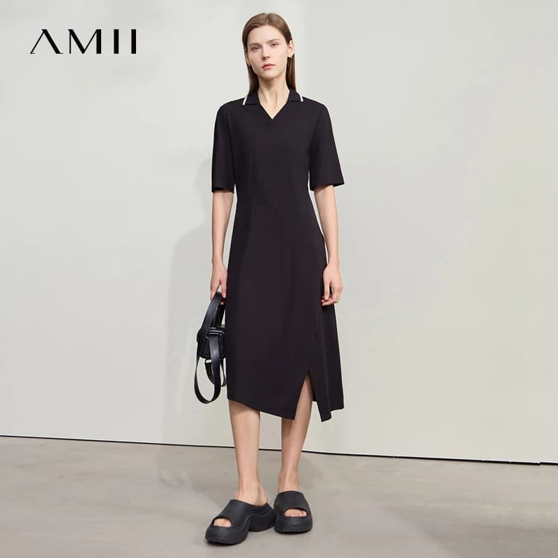 Amii minimalisme robe 2025 été nouvelles femmes revers col en v à manches courtes tricot taille bure