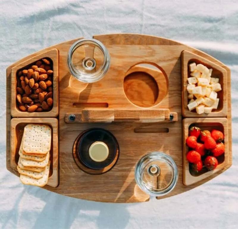 Table de pique-nique pliante en bois avec porte-verre, bureau rond pliable, porte-verre à vin, table