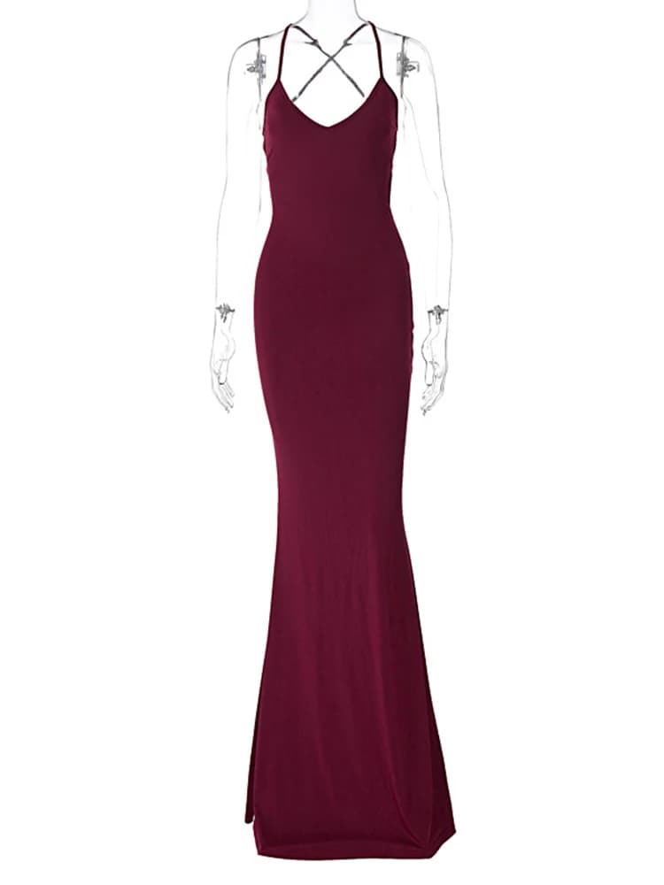 Ahagaga-Robes Maxi Sexy Club à Lacets pour Femmes, Dos aux, Mode Plis, Solide, Col en V, FibSlim, Ga