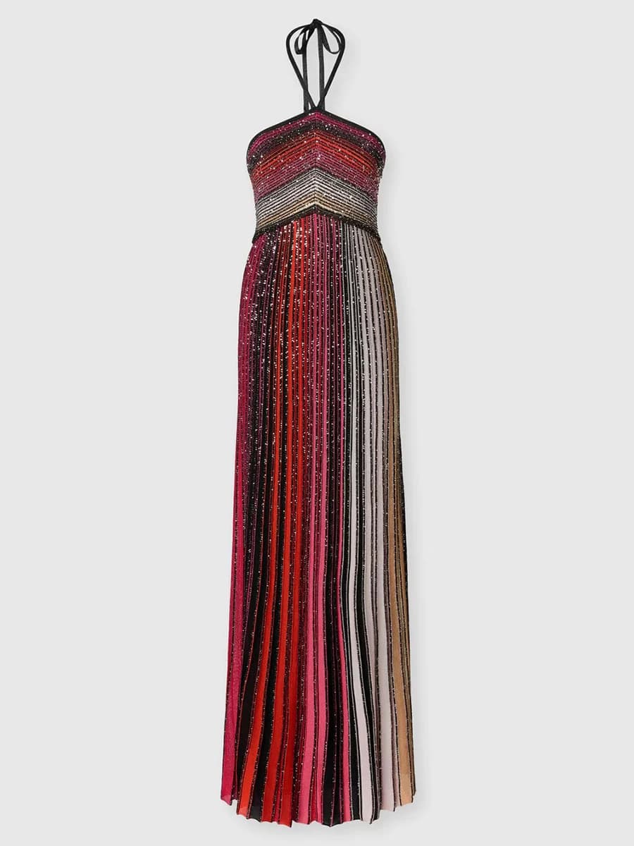 Robe longue de fête VGH à rayures colorées pour femme, dos nu, taille haute, sans manches, coupe aju