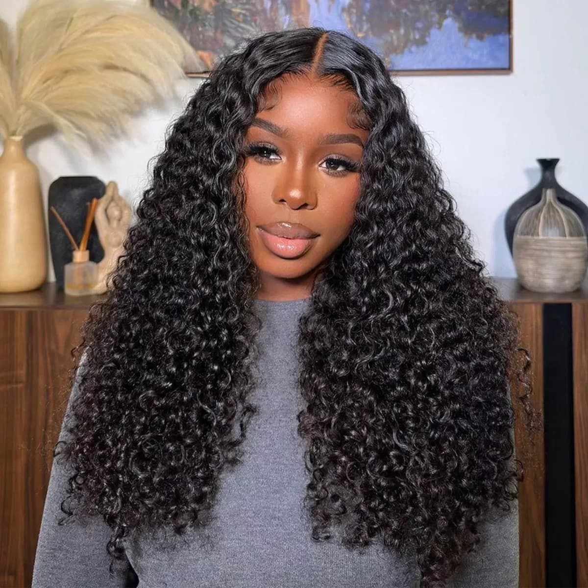 Perruque Lace Front Wig sans colle bouclée 4x4 5x5, couleur naturelle, Deep Wave, pre-coupée, brésil