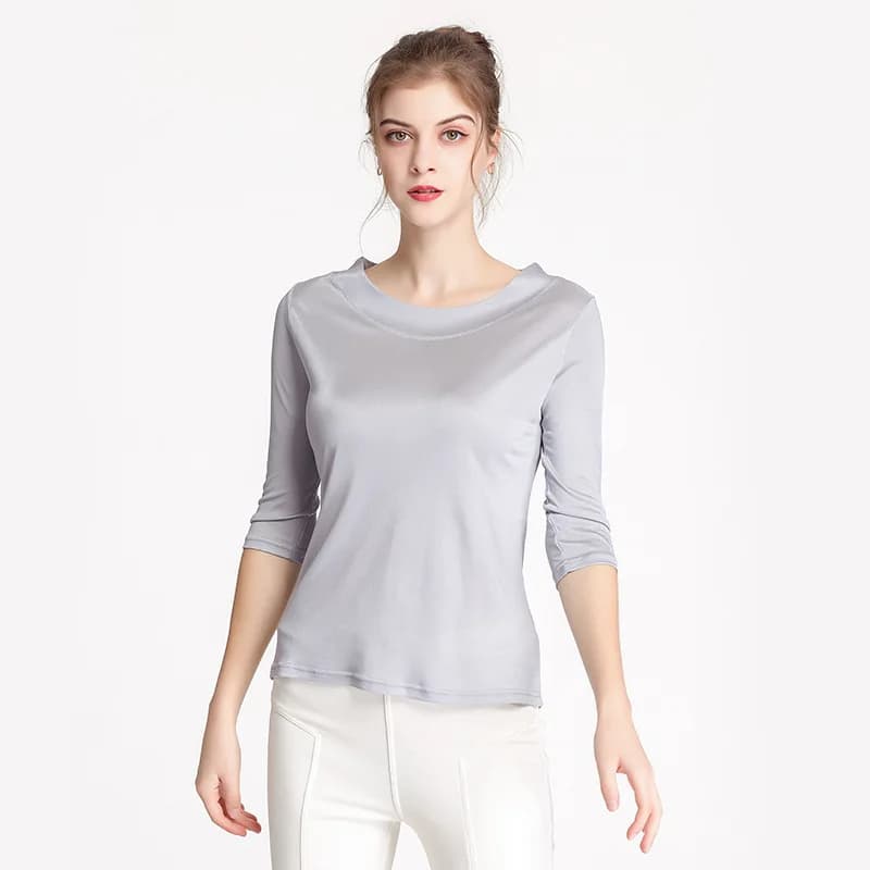 Birdtree soie mélange tricoté solide T-shirts, Slash cou lâche femmes décontracté basiques T-shirts,