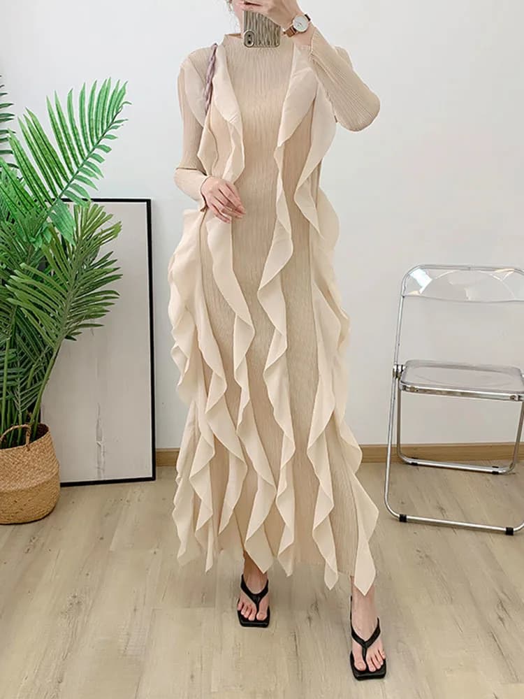 Ata Yake-Robe plissée à col rond pour femme, manches longues, volants épissés, vêtements de soirée, 