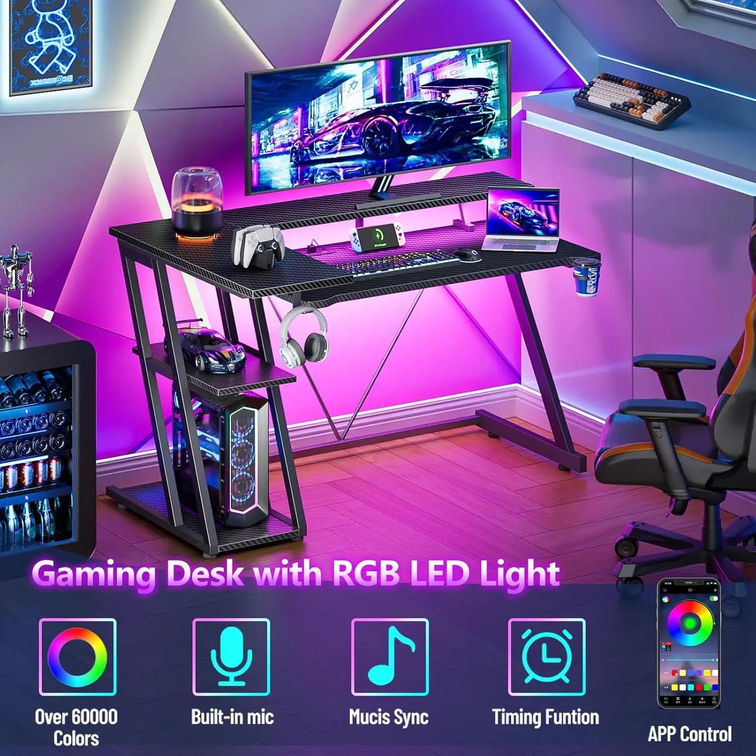 Bureau de jeu de 40 pouces avec prise de courant et éclairage LED, table de jeu informatique en form