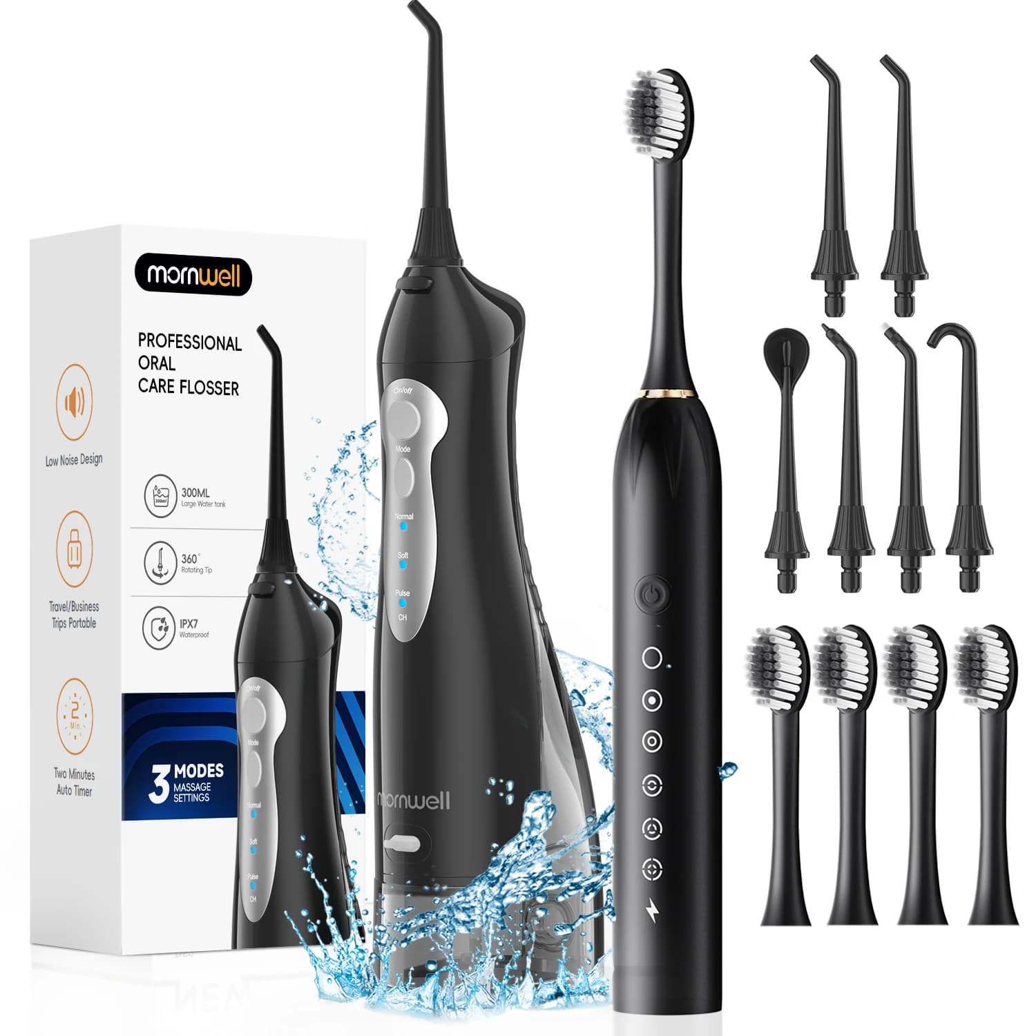 Hydropulseur portable Mornwell avec brosse à dents électrique : Soin des gencives - Brossage et soin