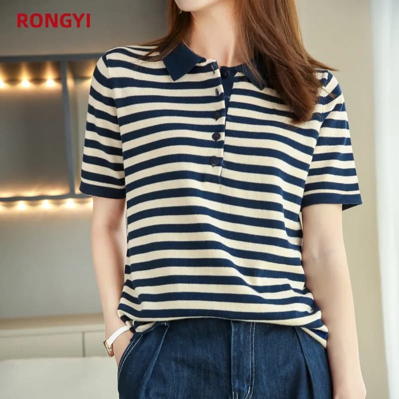 Leardean I-T-shirt à manches courtes pour femme, 100% coton, col polo, haut rayé et fin, printemps e