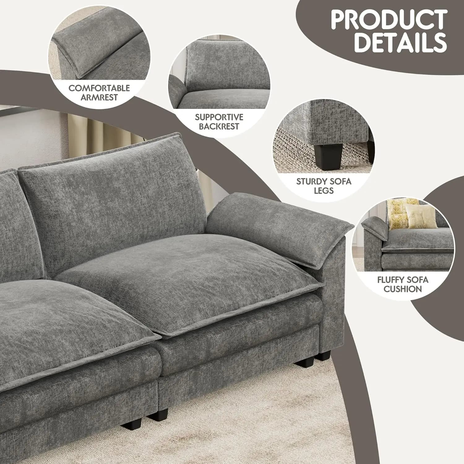 Canapé modulaire 80 pouces avec coussin double couche en chenille, profond, 2 places, style nuage, p